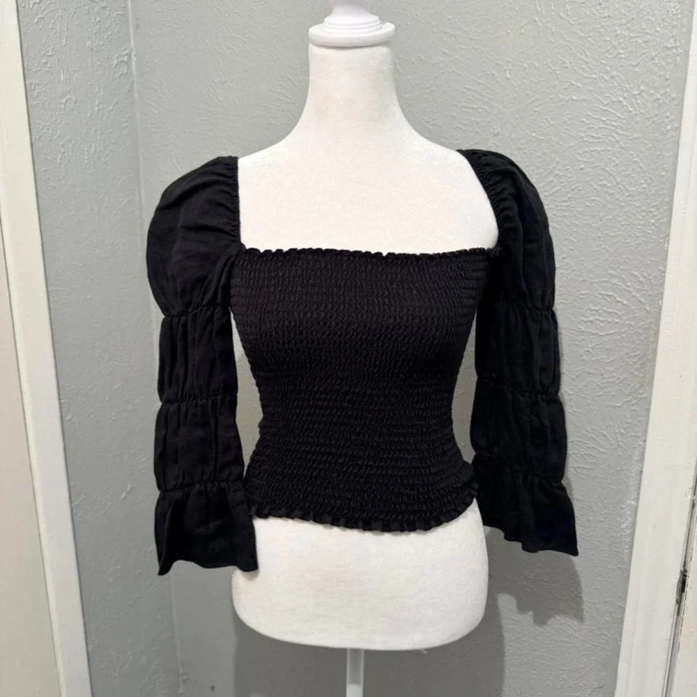NWOT Reformation Jet Black Ruffle Smocked‎ Top Size XS